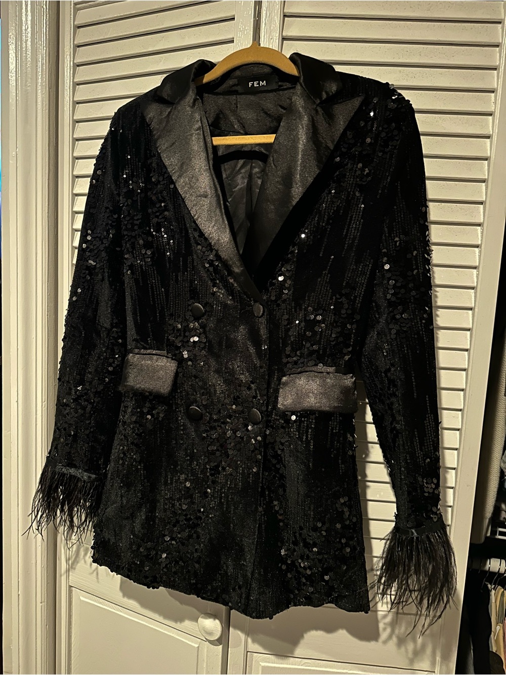 Black Sequin Blazer Jacket with Feather Cuffs